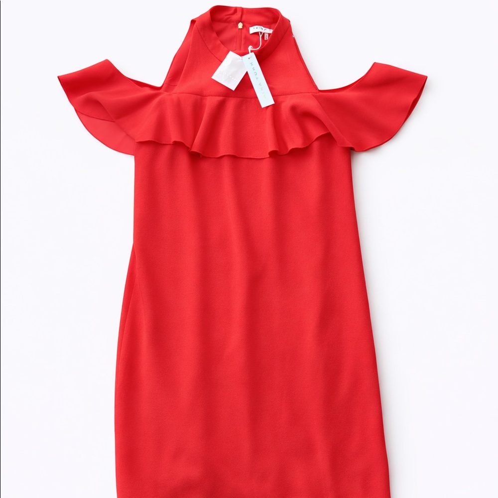 NWT Trina Turk Red Cold Shoulder Ruffle Dress